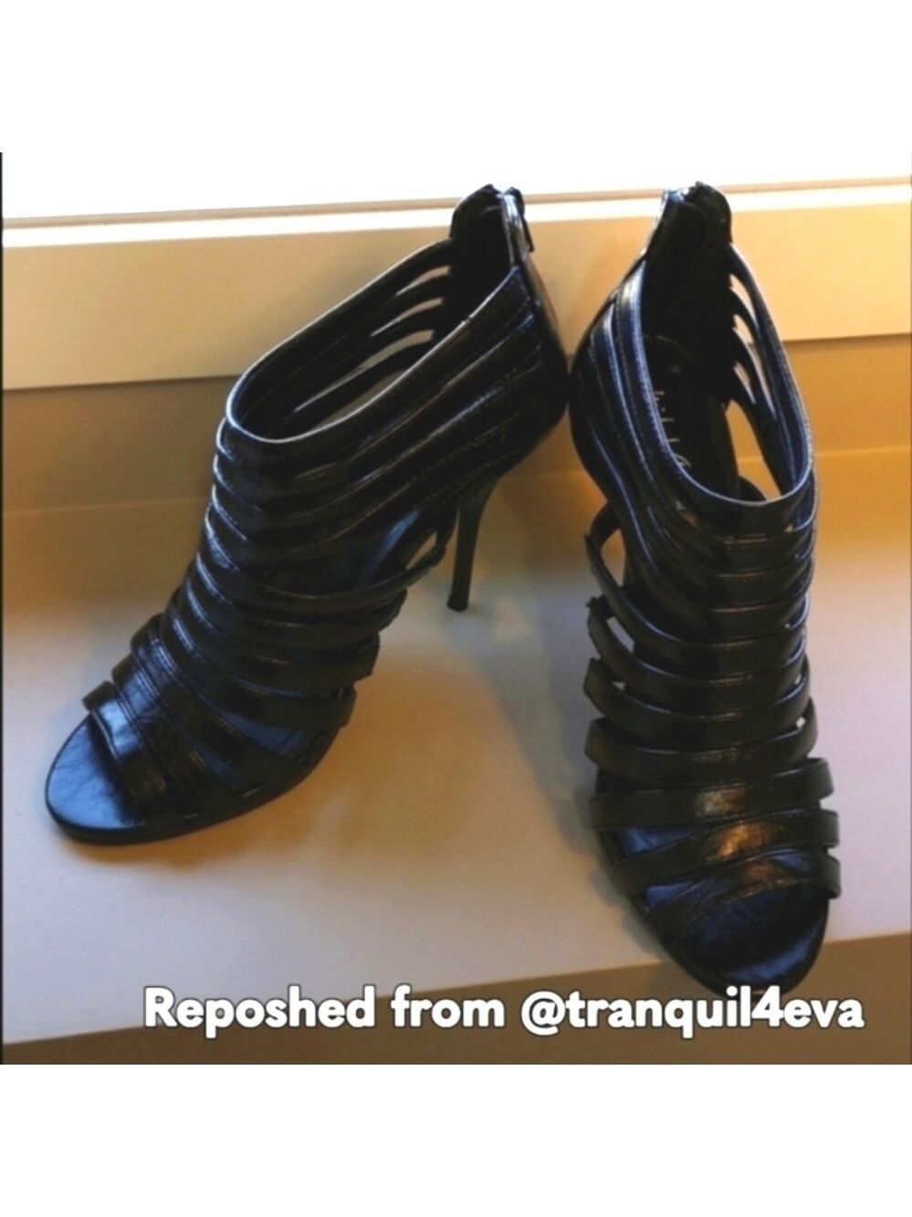 Michael Antonio Black Leather Open Toe Heels Strappy Zip-Up Ankle Stilettos SZ8
